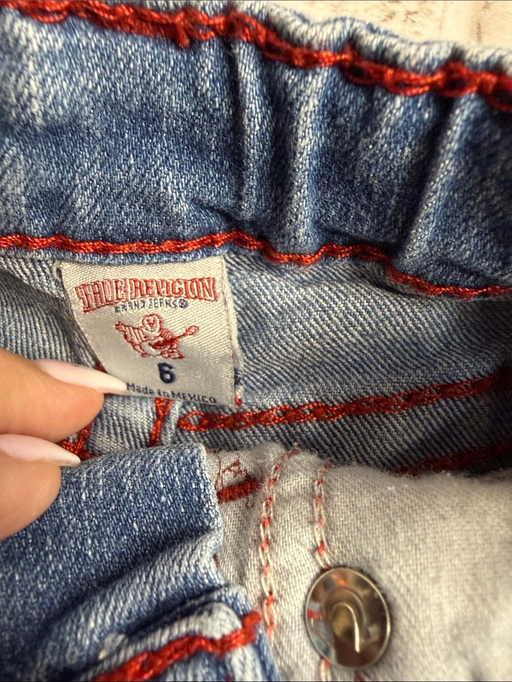 True Religion Blue Denim Shorts with Red Contrast Stitching - Picture 2 of 7